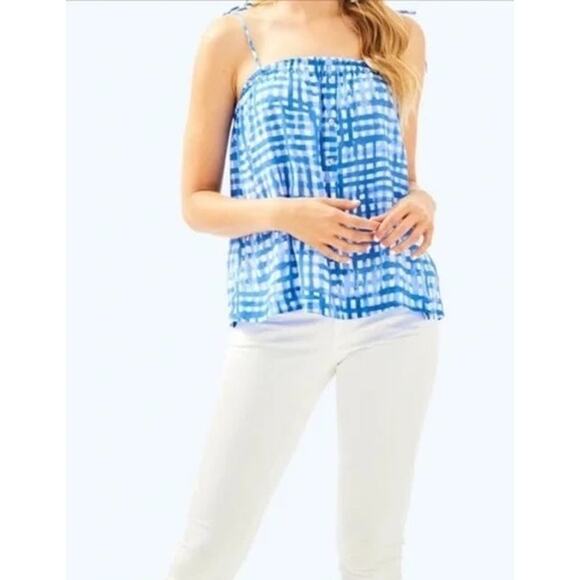 Lilly Pulitzer Silvana Tie-Sleeve Tank Gingham Check Watercolor Blue – Size XS - Picture 6 of 8